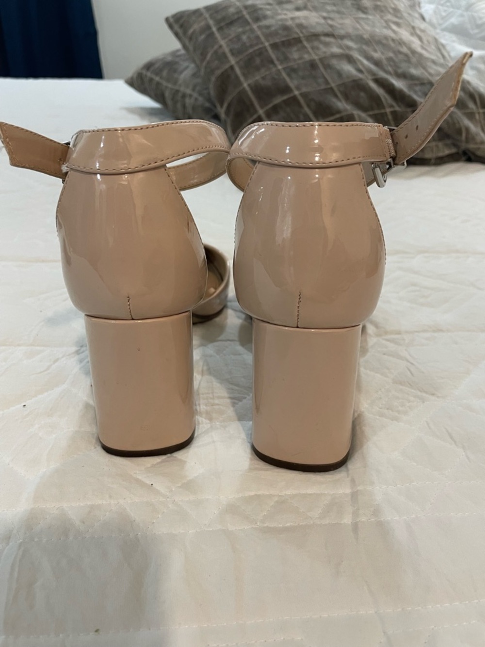 Women's Nude Patent Block Heel Pumps with Ankle Strap - Picture 6 of 6